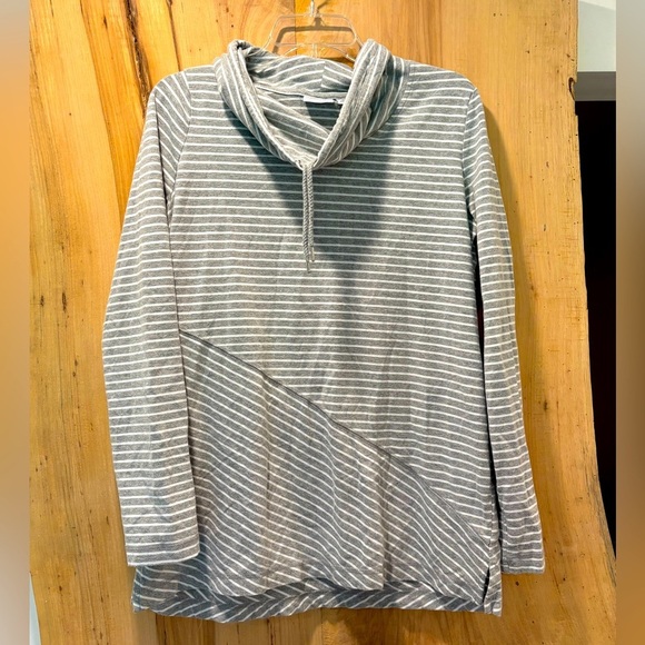 Kim Rogers Asymmetrical Cowl Neck Pullover Drawstring Jersey Top Gray White M - Picture 1 of 5